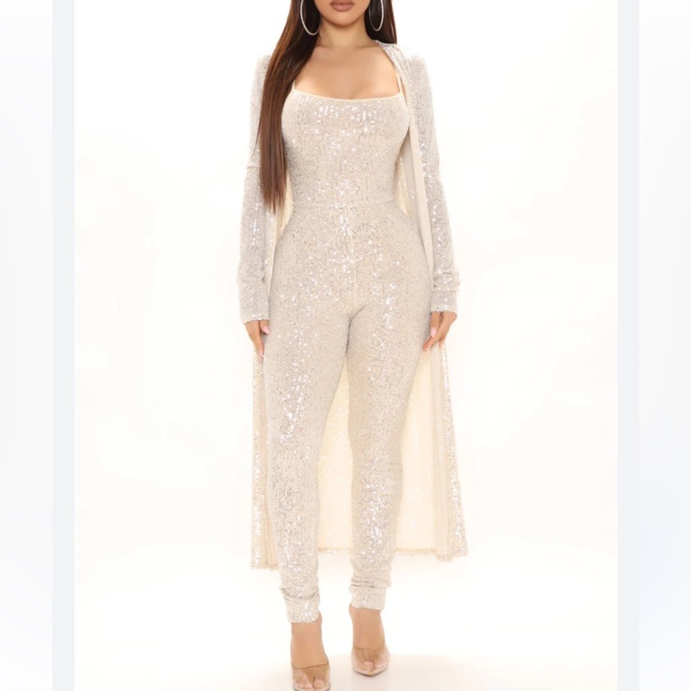 🌟Host Pick🌟Fashion Nova Ready to Sparkle Sequin Jumpsuit and Long Cardigan
